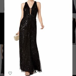 Black Beaded plunge V neck Dress